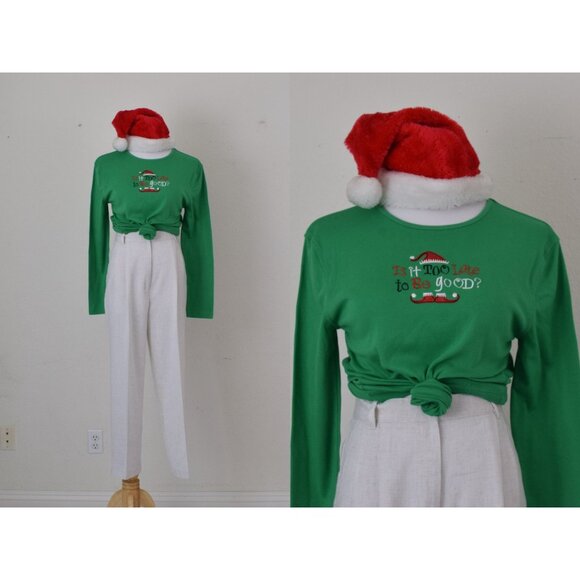 Vintage 90s Green‎ Elf Christmas Shirt size L - Picture 1 of 10